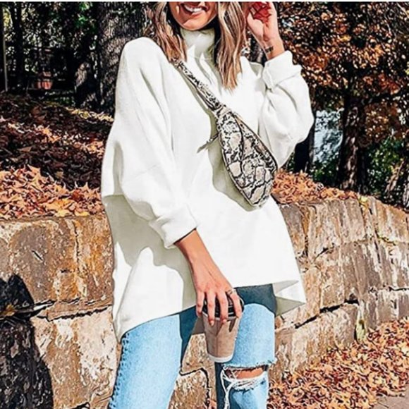 Turtleneck Long Batwing Sleeve Asymmetric Hem Casual Pullover Sweater Knit Tops - Picture 4 of 9